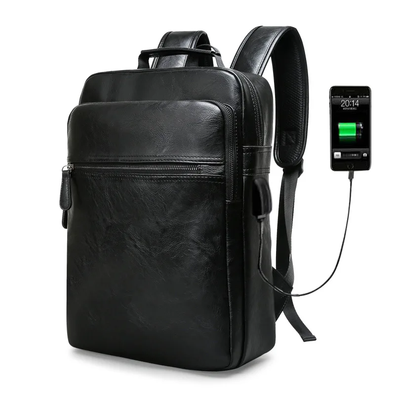 Fashion Laptop Men Backpack Large Capacity Travel Man Bag with USB Charging Backpacks PU Leather School College Waterproof - Цвет: 1