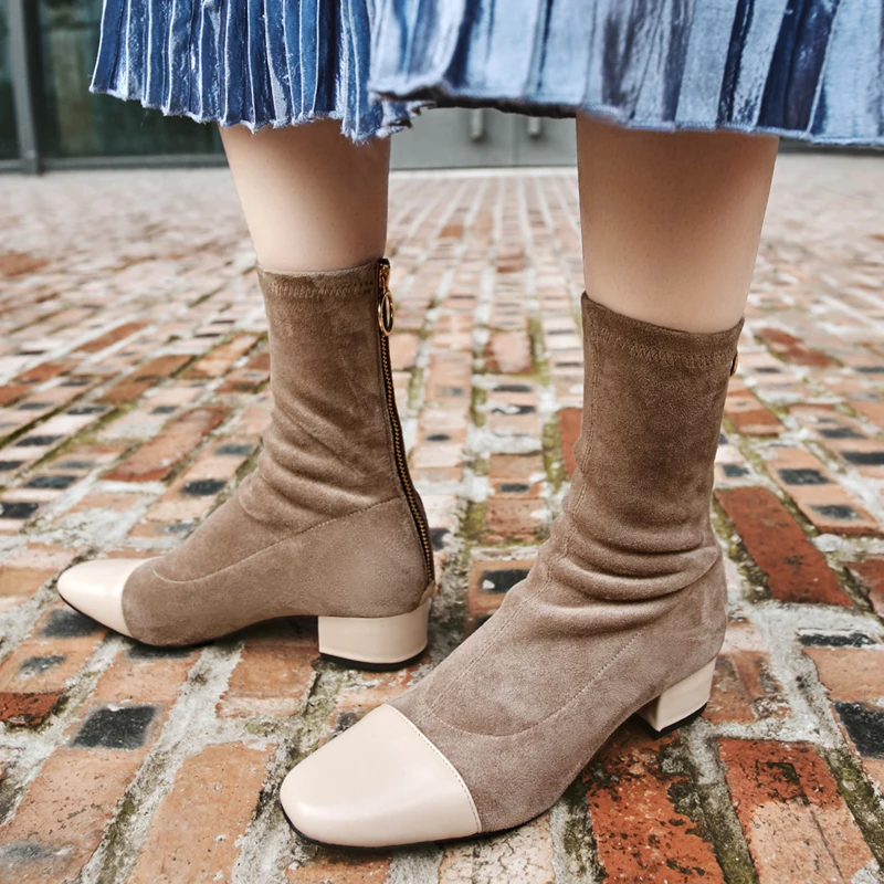 

Casidueho Women Short Boots Suede Leather Flats Dress Shoes Woman Vintage Square Toe Motorcycle Booties Big Size tenis feminino
