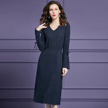 

New Arrival Women Solid Knitted Cotton Dress Fashion V-Neck Long Sleeve Dresses
