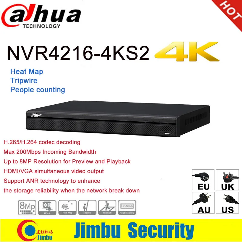 Dahua NVR Video Recorder 4K 16CH NVR4216-4KS2 H.265/H.264 Up to 8MP Resolution for Preview and Playback Heat Map T IP Camera