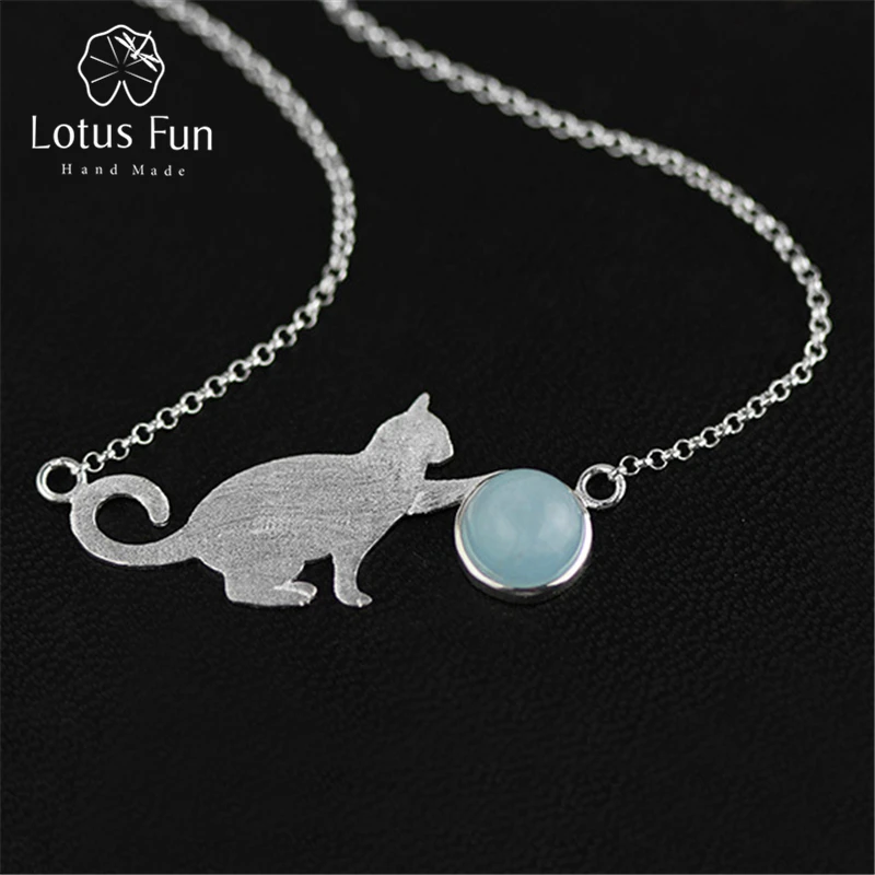 

Lotus Fun Genuine 925 Sterling Silver Pendants Necklaces for Women Natural Blue Aquamarine Animal Cat Play Ball Chain Necklace