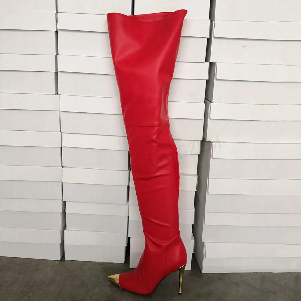 LAIGZEM NEW Women Thigh High Boots Gold Pointy Toe Stiletto Heels Zipper Tall High Boots Party Show Botines Mujer Big Size 4-14 (6)