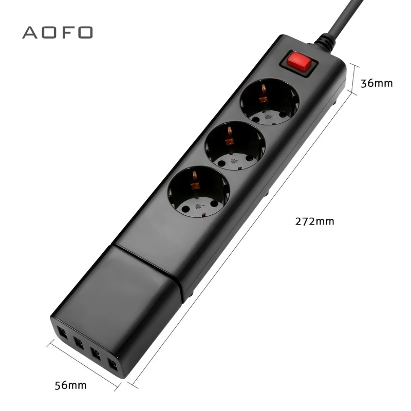 Socket strip 3 compartment with overvoltage protection and 4 USB charger, max. 4A, power strip up to 2500W / 250V / 10A loadable