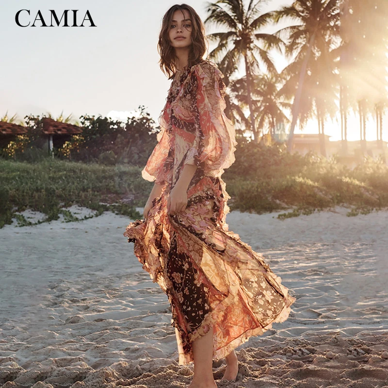 

CAMIA Summer Bohemian Floral Print Lantern Sleeve Chiffon Dress Women's Elegant Ruffled Pleated Dress