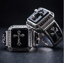 925 sterling silver inlaid natural agate midnight Godfather cross religious Gothic style ring