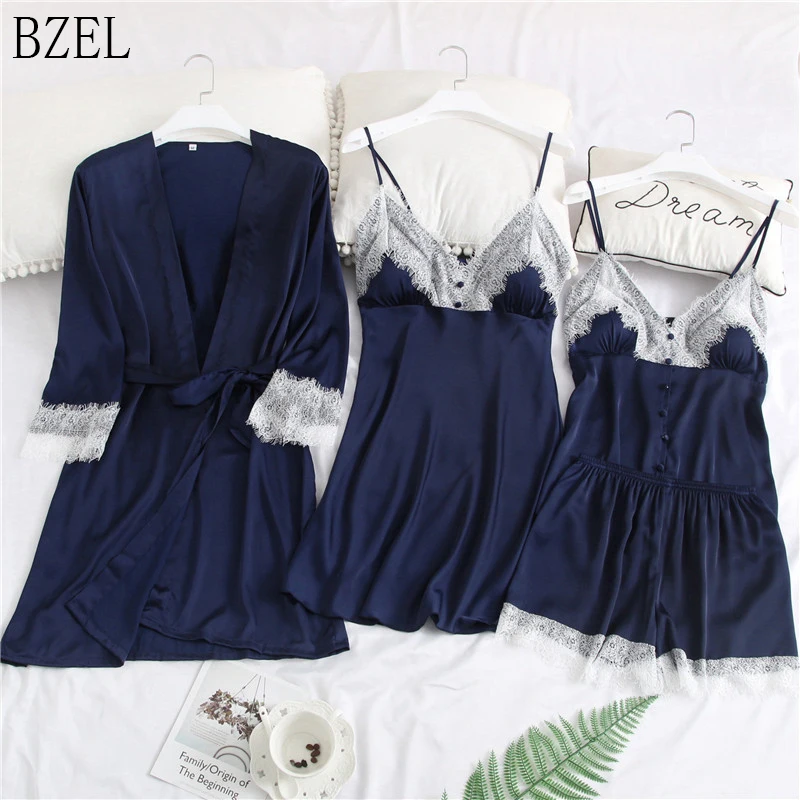 

BZEL Spring Summer Women Four Piece Robe Set Ladies Bathrobe Sexy Pijama Verano Mujer Sleepwear Set Plus Size Nightwear Lingerie