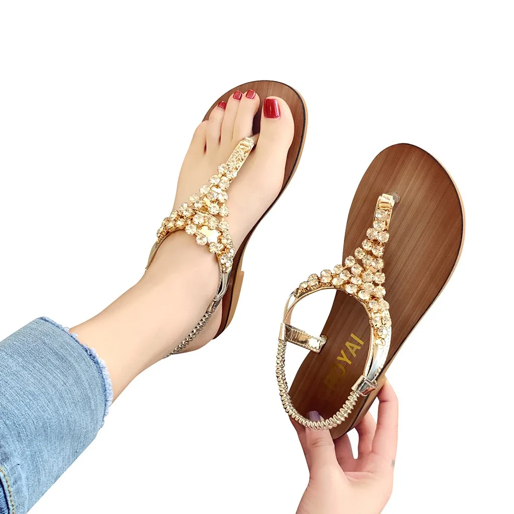 

SAGACE shoes Woman Sandals Rhinestone Pinch Sandals Rome Wild Set Foot Flat Beach Walk Shoes Sandal 2019 Hot sell summer Sandals