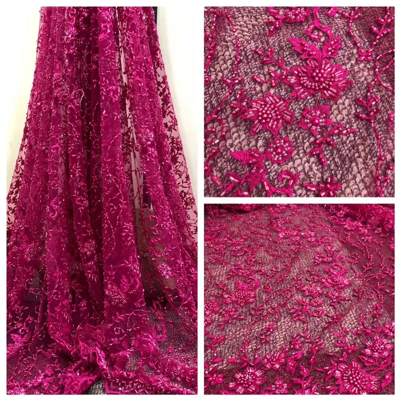 

Excellent French 3D Flowers lace fabric with beads in Novel style African 3D beaded net lace fabric for dress HX740-1