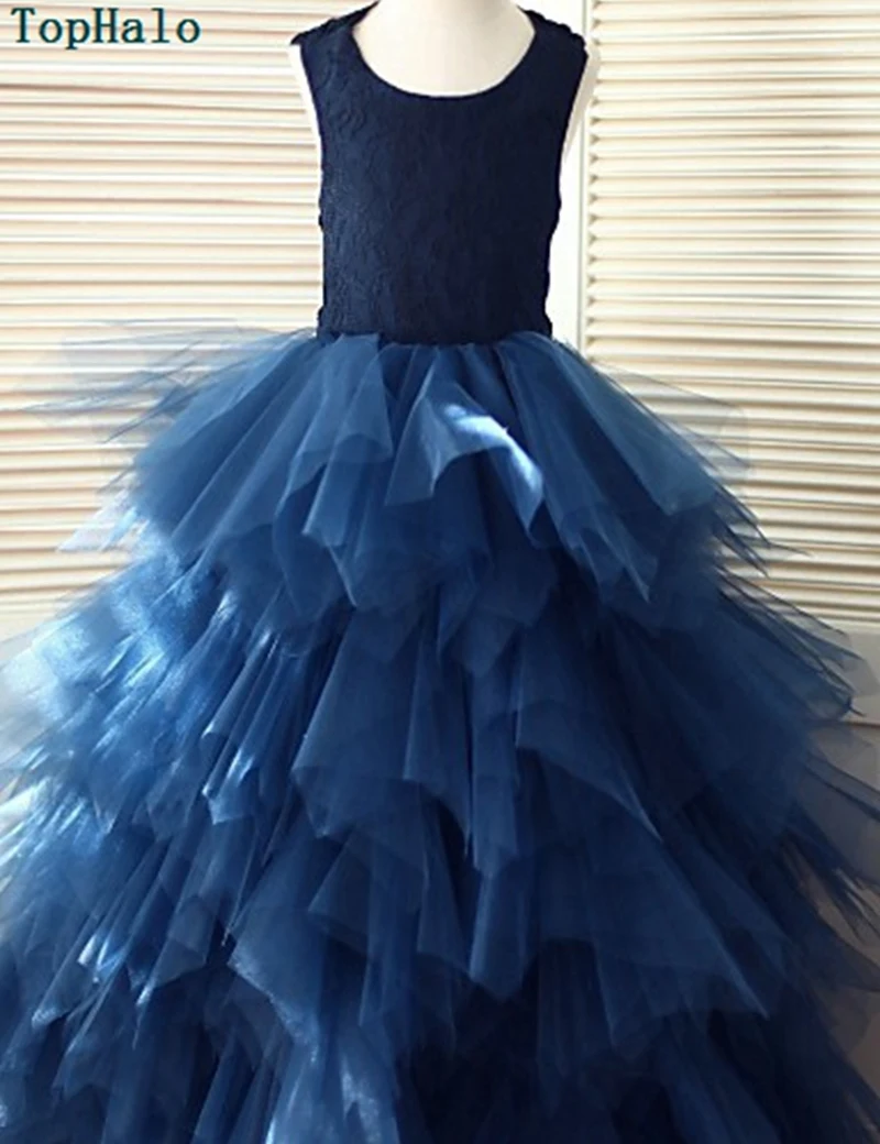 Floor-length Ball Gown Flower Girl Dresses Navy Blue Lace Kids Prom Baby Princess Pageant Children's Clothing | Свадьбы и