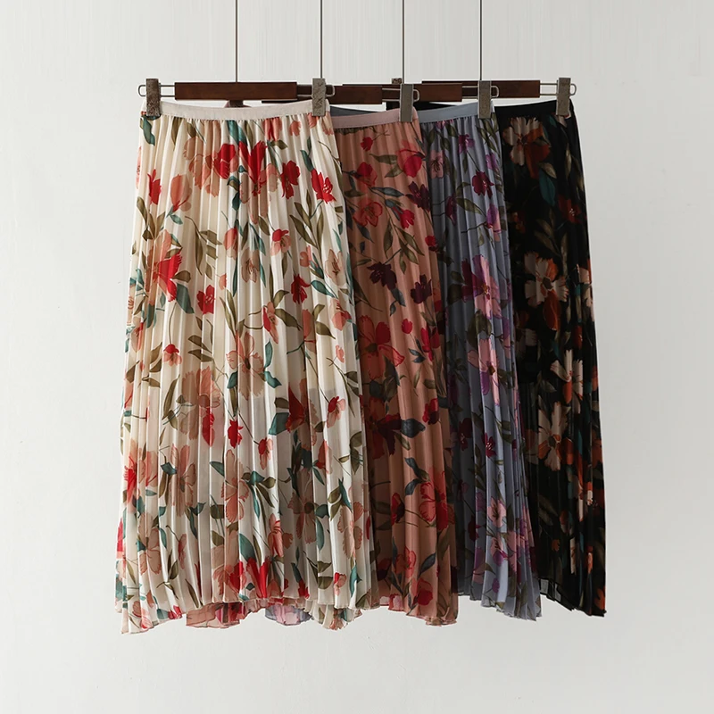 

2019 New Summer Vintage Print Chiffon Skirts Women Elegant High Waist Pleated Skirt Beach Style Slim Mid-Calf Holiday Skirt M683