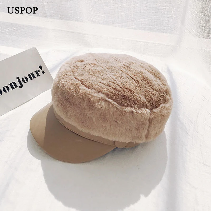 USPOP зима Newsboy шапки Новинка 2018 года для женщин Лоскутная newsboy Мода PU поля Военная