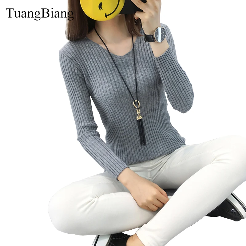 

2018 Autumn gray v neck pullovers sweaters femme tricot knitting winter sweater elasticity long sleeve slim sweaters for women
