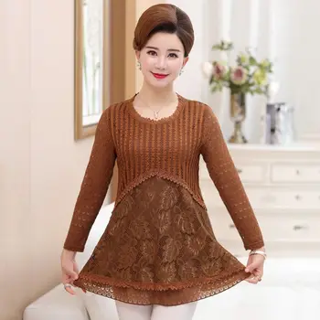 

New Tshirts Tees Fashion Women O-Neck T Shirt Plus Size XL-5XL Lace Long Sleeve Casual Top Vintage Pullover Mother Clothing