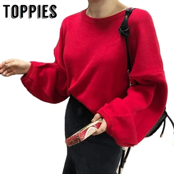 

2019 Lantern Sleeve Knitting Sweater Woman Pullovers Yellow Red Oversized Sweater Round Neck Jumpers