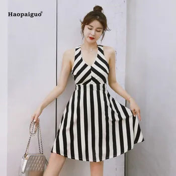

Summer A-line Dress Women Black Sleeveless Tank V-neck Knee-length Striped Casual Office Lady Dress Elegant Party Dresses Ladies