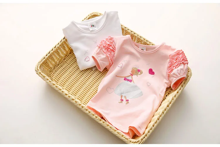 Girls Clothes 2018 Summer 100% Cotton Yellow Pink Solid Color Bow Heart Embroidery Princess Short Sleeve O-Neck Girl T-Shirt (5)