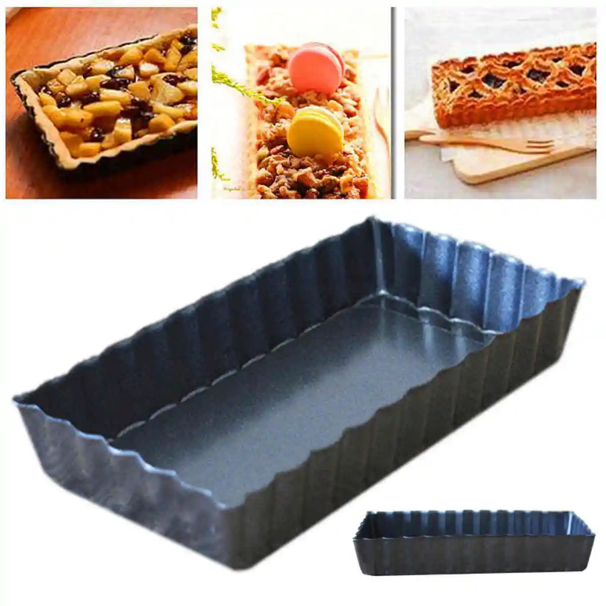 Black Rectangle Fluted Pie Tart Pan Mold Baking Nonstick Removable Bottom Quiche Tool 111mm*60mm