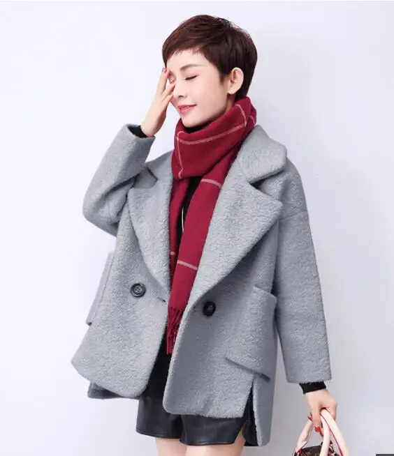 gray Короткое шерстяное пальто, женские корейские топы, Осень-зима, новые твидовые, женская модная одежда, Свободный плащ, женские пальто 1079 - Цвет: gray