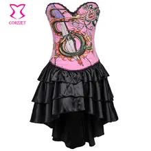 Black/Pink Cotton Dragon Print Sexy Bustier Dress Corset Steampunk Dresses Vintage Gothic Clothing Burlesque Costumes For Women