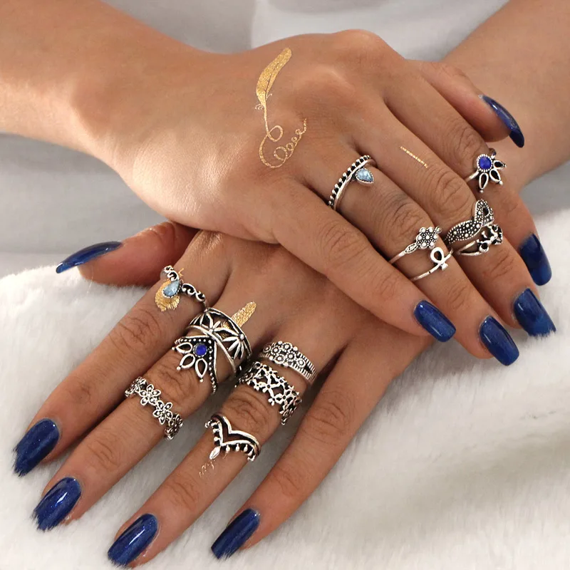 

Vintage Tibetan Silver Knuckle Rings for Women Boho Geometric Flower Crystal Ring Set Bohemian Midi Finger Jewelry Bague Femme