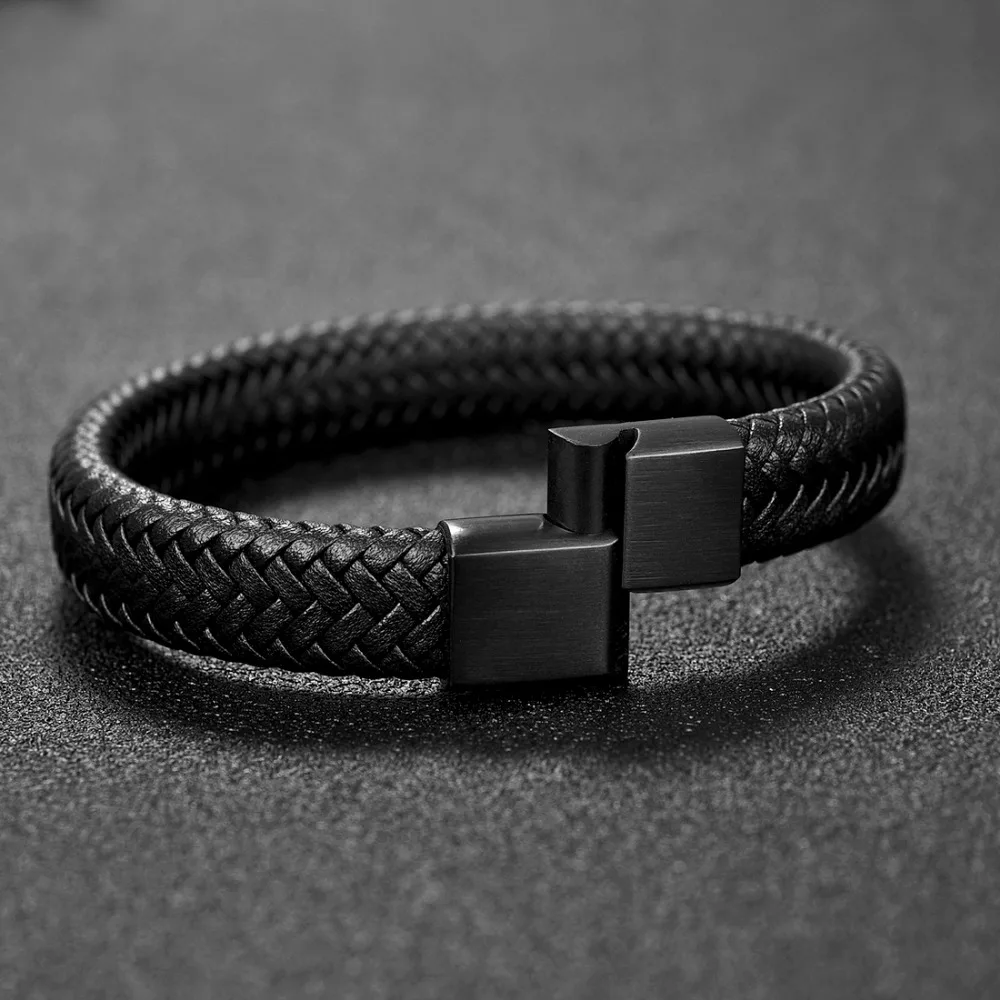 Jiayiqi Punk Men Jewelry Black/Brown Braided Leather Bracelet Stainless Steel Magnetic Clasp Fashion Bangles Gift 18.5/22/20.5cm