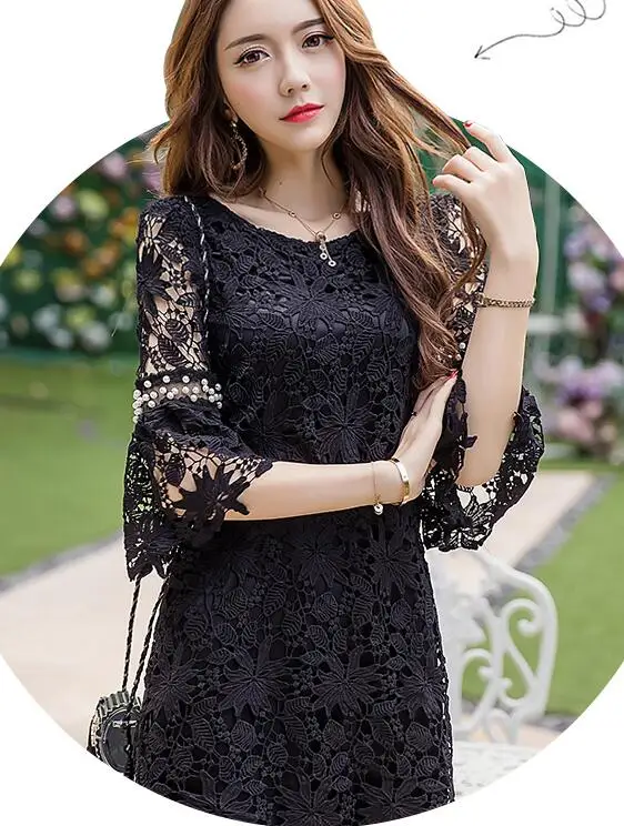 Летнее женское элегантное кружевное платье размера плюс, высококачественное вечернее платье с расклешенными рукавами и бисером, красивый темперамент, vestidoXXXXL18001 - Цвет: Черный