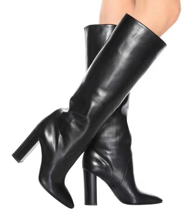 Черные сапоги до колена из натуральной кожи; женская обувь по индивидуальному заказу