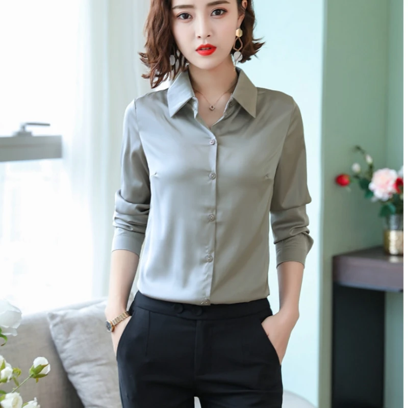  Stinlicher 2019 New Women Office work shirts female OL elegant high quality silk satin long sleeve 