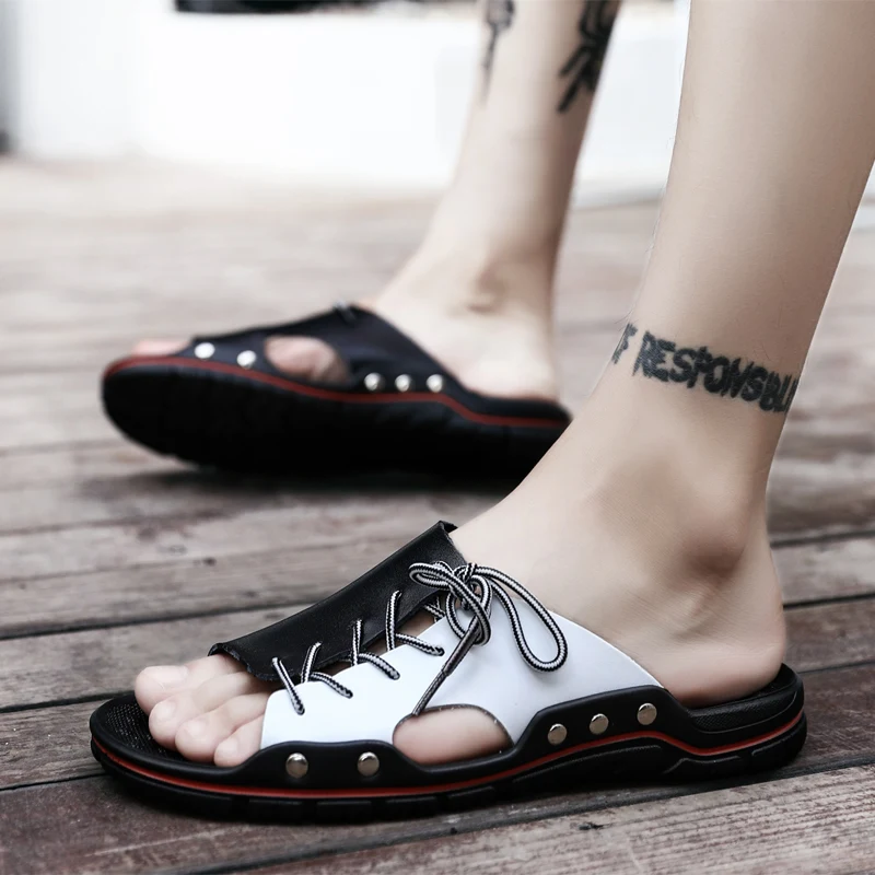New Genuine Leather Men Slippers Beach Shoes Comfortable Men 2019 Summer Flat Heels Male Slides Luxury Plus Size 38-48(22)