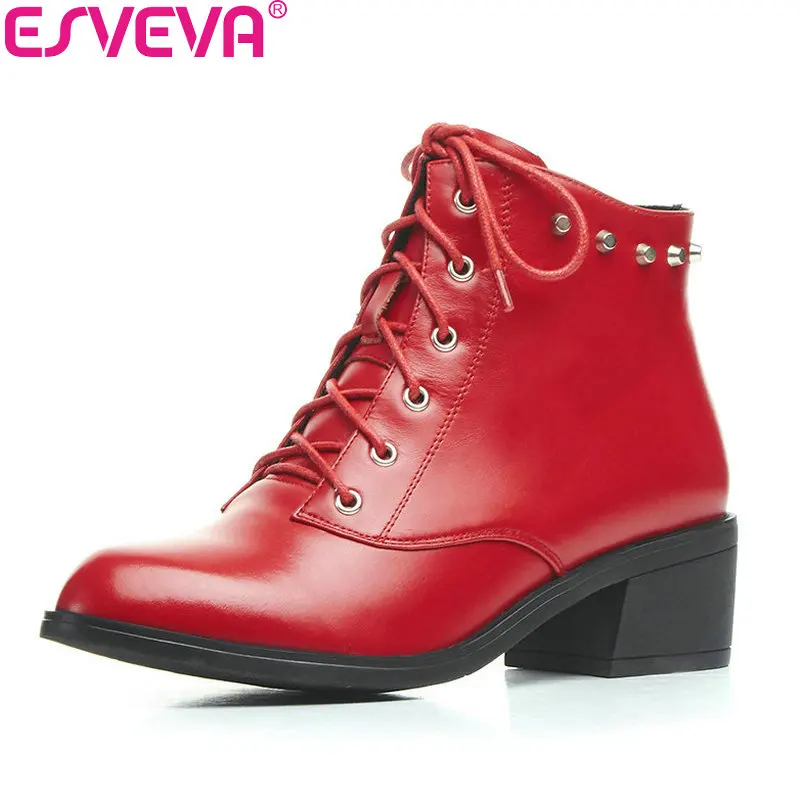 

ESVEVA 2018 Western Style Women Boots Cow Leather + PU Square Med Heel Ankle Boots Pointed Toe Autumn Western Boots Size 34-39