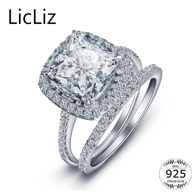 

LicLiz 925 Sterling Silver Big Square CZ Halo Solitaire Cocktail Ring Women Cubic Zirconia Bridal Ring Sets Eternity Band LR0497