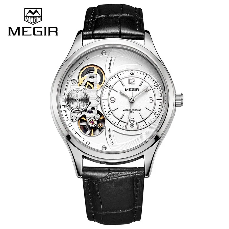 MEGIR хронограф водонепроницаемые мужские часы лучший бренд класса люкс Натуральная кожа военные многофункциональные кварцевые часы мужские relogio - Цвет: Black-white
