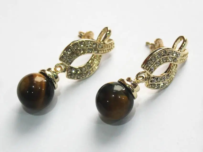 

latest fashion lady's nicest 18KGP with crystal plated leave shape +12mm tiger eye bread earring
