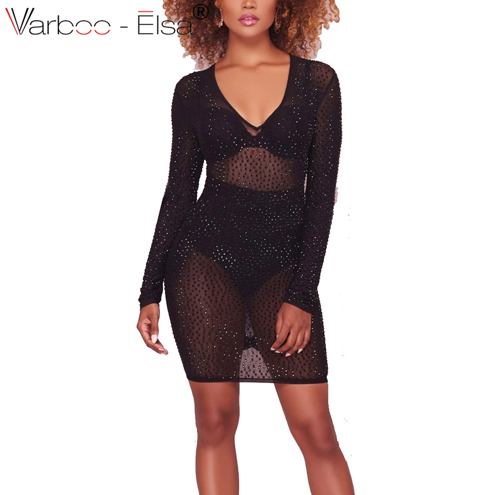 Varboo Elsa Deep V Neck Mesh Rhinestone Sexy Party Dress Women Long