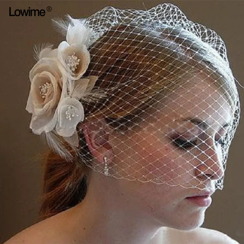 2018 Women Wedding Hats Beige Handmade Flowers Bridal Party Gifts Tulle Feather Tiara Sheer Veil Hair With Comb (2)
