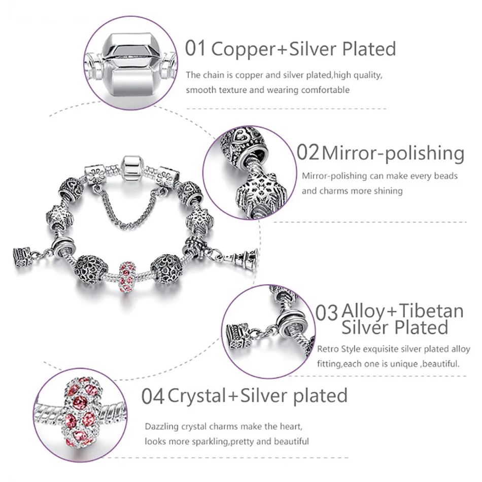 ELESHE Locket Key & Eiffel Tower Silver Charm Bracelets & Bangles Rhinestone Beads Bracelets For Women Christmas Gift