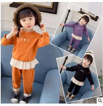 

2017 autumn cute casual strap chiffon collar Korean version of the girls set 2 sets of cotton sets free shipping