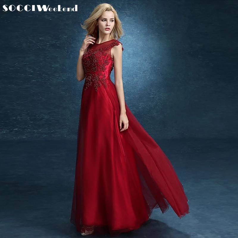 SOCCI Wine Red Lace Long Evening Dresses Robe