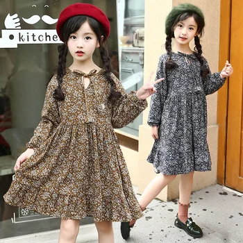 

Winter Autumn Pretty Girls Dress Retro Floral Long Sleeve Flower Kids Dress Large Girl Clothes Princess Dresses Warm Velvet
