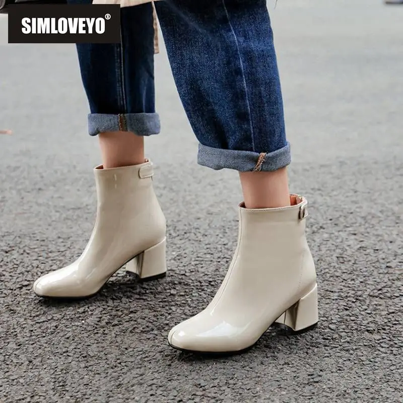 

SIMLOVEYO Ankle boots for women Round toe Block heel Zipper Patent leather Solid Booties mujer Size 46 Winter Autumn shoes B1546