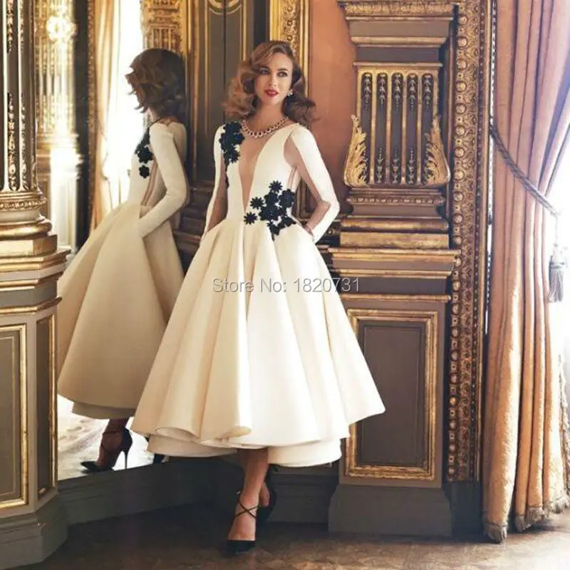 Sexy-Appliques-Long-Sleeve-Evening-Dresses-Deep-V-Neck-Tea-Length-A-Line-Formal-Party-Gowns