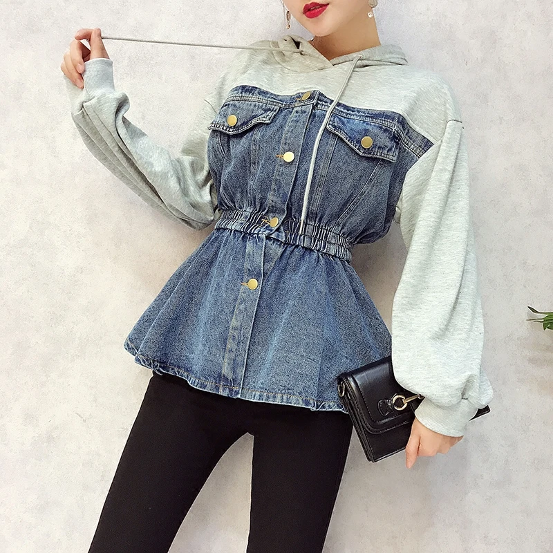 New Spring Fashion Loose Denim Patchwork Hooded Sweatshirts Slim Waist Students Hoodies Casual Tops for Women