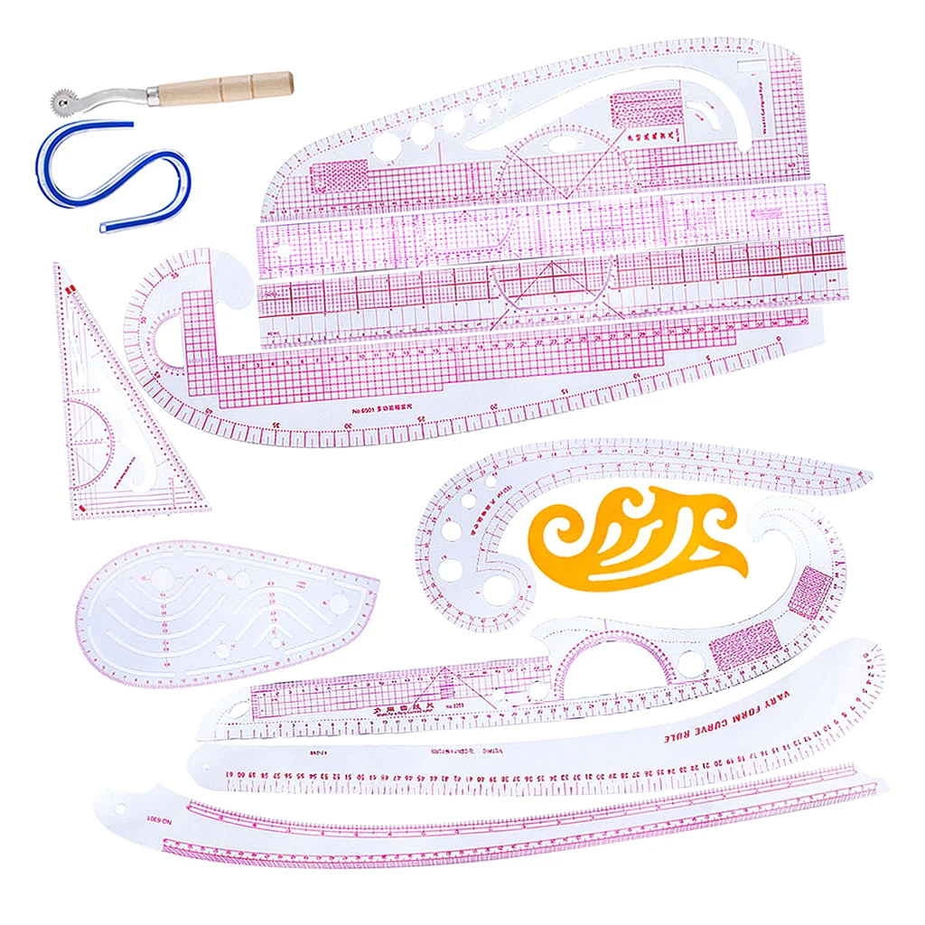 13 Pieces Multi-Style Design Drawing Comma Line Straight French Curve Ruler Set Clothing Design Rulers for Drawing Cutting Plate