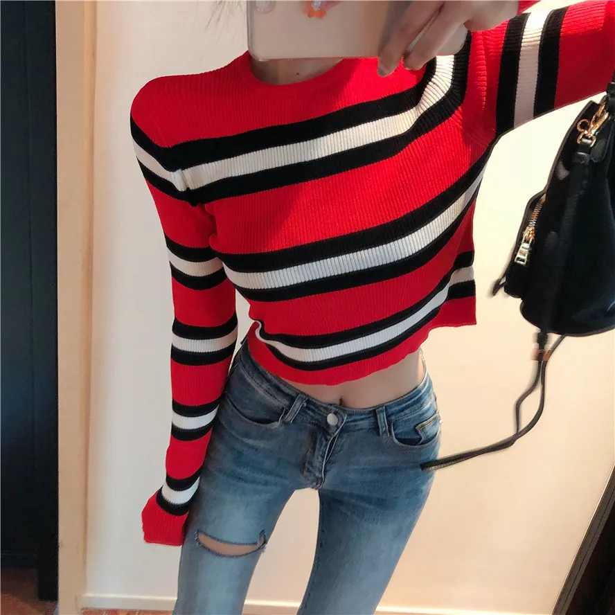 

2018 Autumn Women Striped Pullover Sweaters O-neck Long Sleeve Crop Sweater Korean Knitted Sweater Pull Femme Sueter Mujer