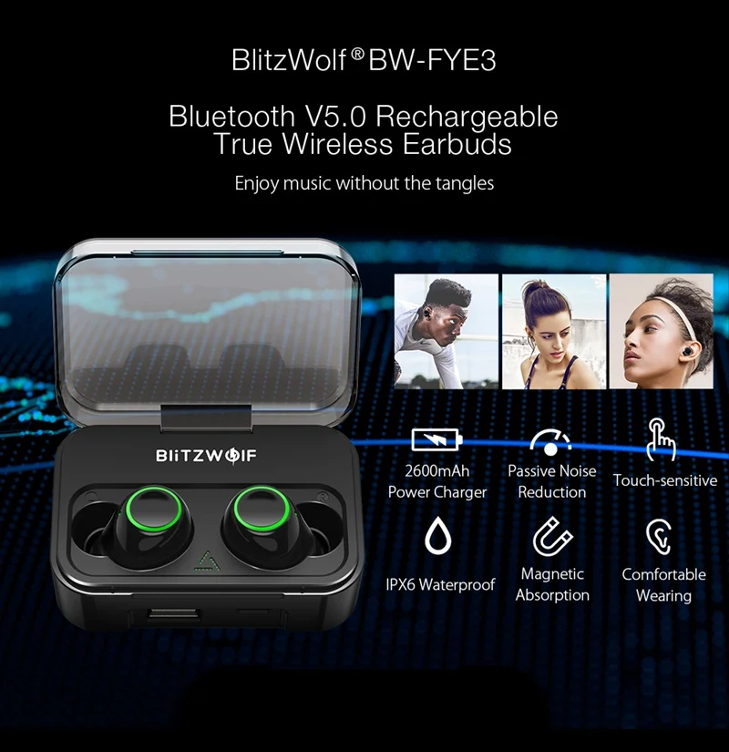 Blitzwolf BW-FYE3 настоящий беспроводной bluetooth 5,0 наушники 6 мм HiFi стерео двусторонние звонки с 2600 мАч power Bank IPX6 Водонепроницаемый