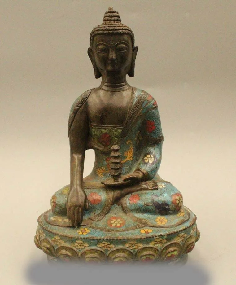 

12"Tibet Buddhism Cloisonne Bronze Pagoda Shakyamuni Amitabha Buddha Statue