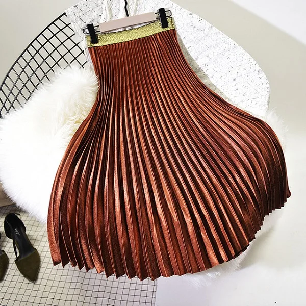 Элегантная складчатая юбка на весну и осень женская длинная юбка с эластичной резинкой на высокой талии Женская Осенняя Женская Высококачественная Миди Юбка Saia - Цвет: Color 7