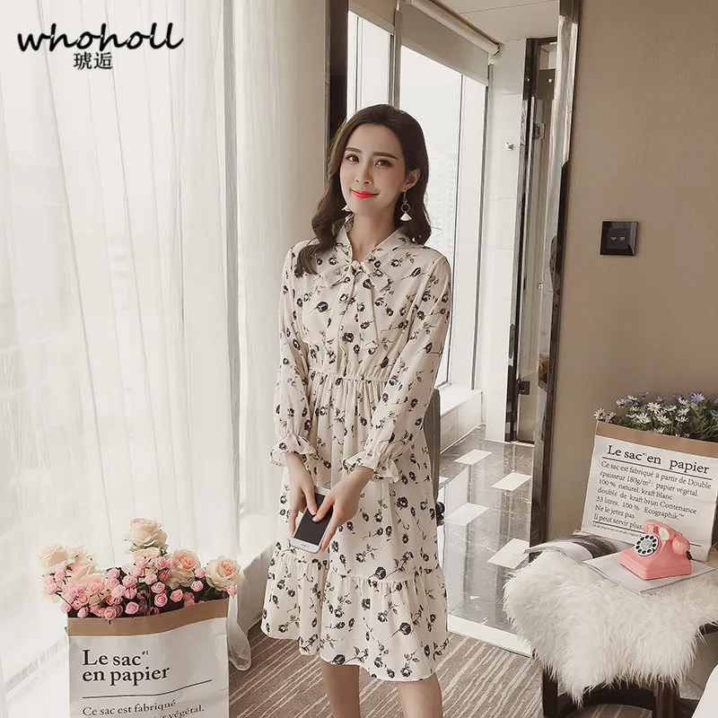 

WHOHOLL 2018 Summer Floral Print Beach Dress Women Dress Casual Elegant Long Flare Sleeve High Waist A Line Dress