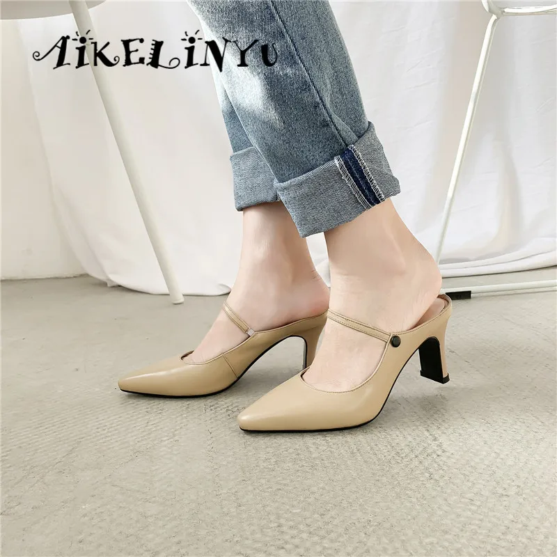 

AIKELINYU Fashion Sexy Pointed Toe Slingback Pure Color Slipper Simple Bigger Size Women Sandals Mature Office Lady Elegant Shoe