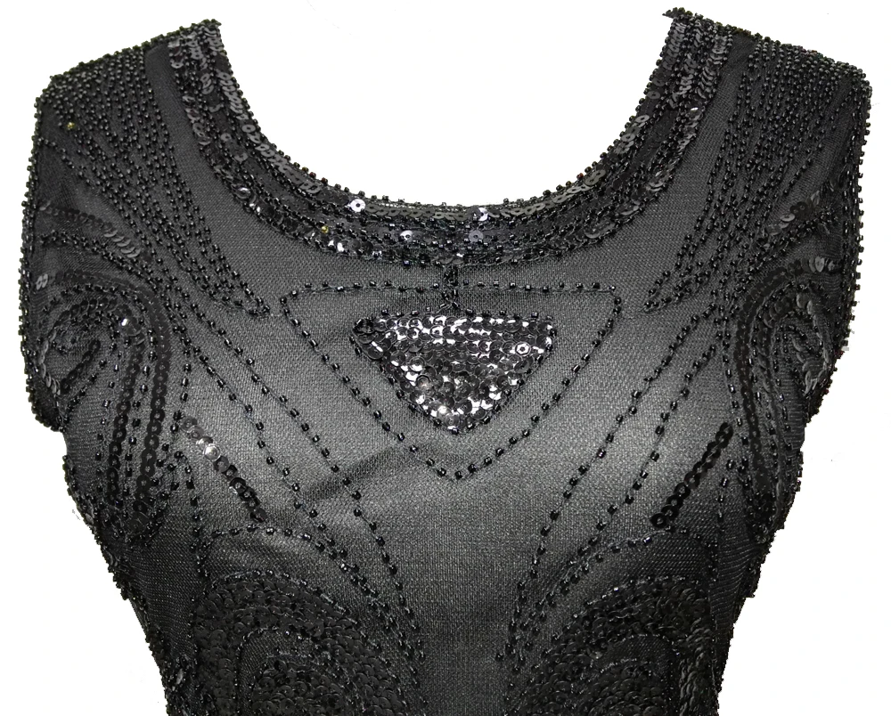 Vintage Great Gatsby Beaded Fringed Sequin Black Midi Dress